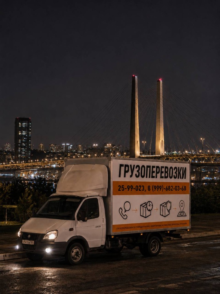 Грузовик ночью на фоне моста